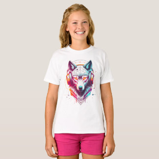Neon Cyber Wolf Koptelefoon Y2K T-shirt