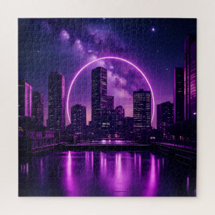 Neon Cyberpunk Cityscape – futuristisch Paarse Legpuzzel