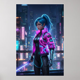 Neon Cyberpunk Meisje Futuristische Stad Warrior Poster