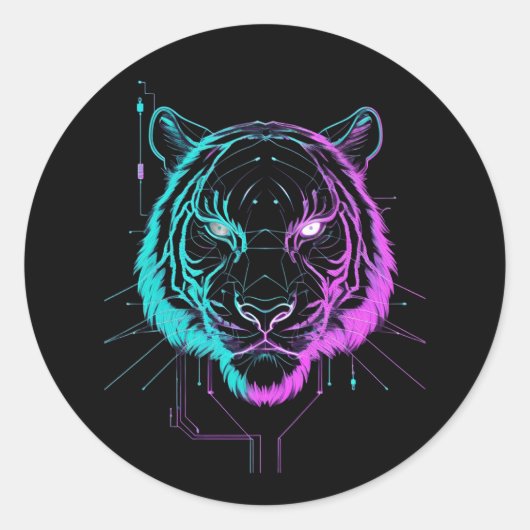 Neon digital tiger art ronde sticker (Voorkant)