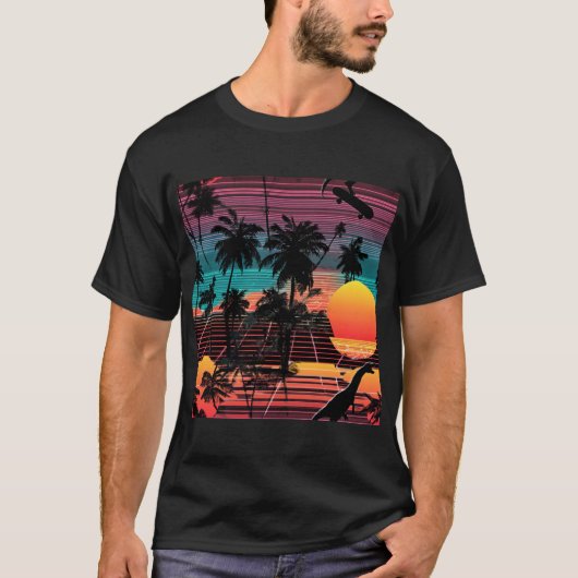 Neon Dinosaur and Skater at Sunset T-shirt (Voorkant)