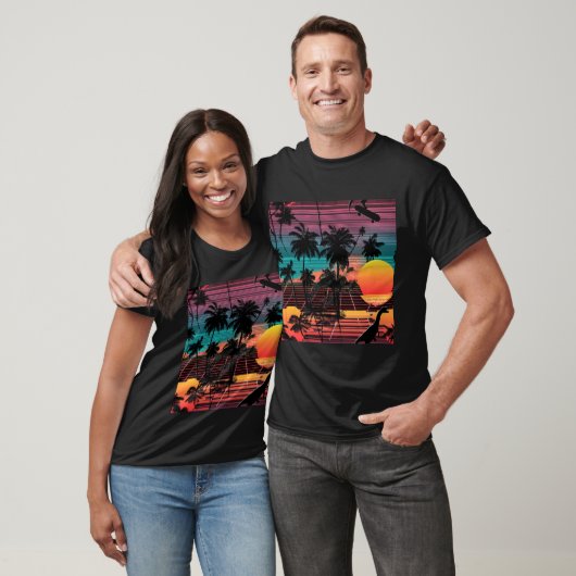 Neon Dinosaur and Skater at Sunset T-shirt (Unisex)