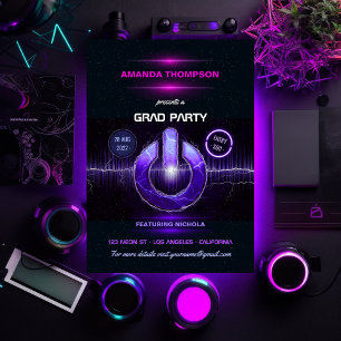 Neon DJ Music Graduation Party Invitation Kaart