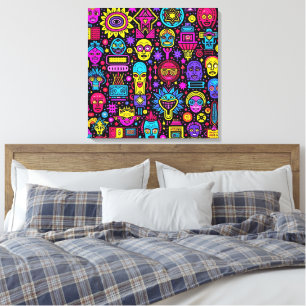 Neon Doodle Faces – Levendig Street Art Pattern Canvas Afdruk