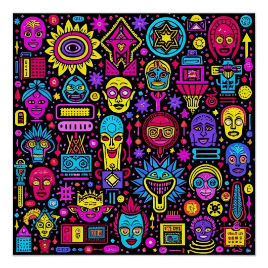 Neon Doodle Faces – Levendig Street Art Pattern Perfect Poster (Voorkant)
