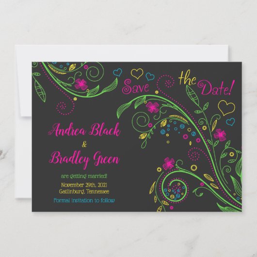Neon Doodle Floral Wedding Save the Date (Voorkant)