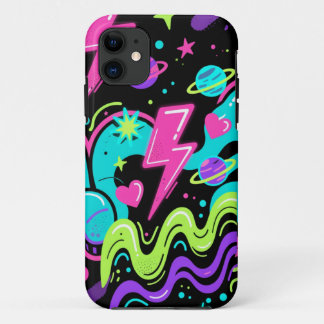 Neon Doodle-patroon telefoonhoesje op zwart  iPhone 11 Hoesje