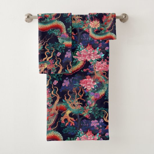 Neon Dragons en Flowers Bad Handdoek (Insitu)