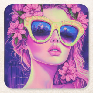 Neon Dream Girl met een bloemenzonnebril Vierkante Kartonnen Onderzetter