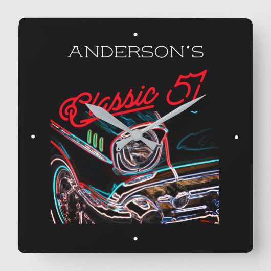 Neon Effect Chevy Classic 1957 autonaam rood scrip Vierkante Klok (Voorkant)