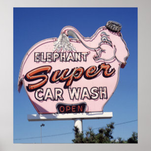 Neon Elephant Car Wash Sign Poster