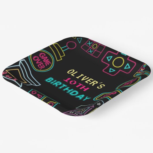 Neon Elk jaar video games arcade verjaardag Papieren Bordje (Gebogen)