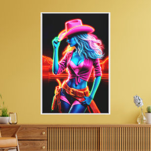 Neon fantasie cowgirl in gloeiende ranch setting canvas afdruk
