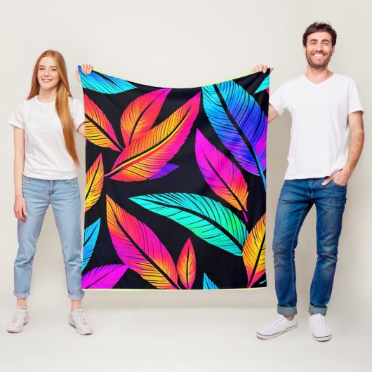 Neon Feather Pattern Vibrant Art Fleece Deken (In situ)