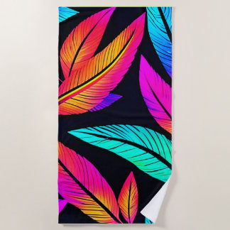 Neon Feather Pattern Vibrant Art Strandlaken