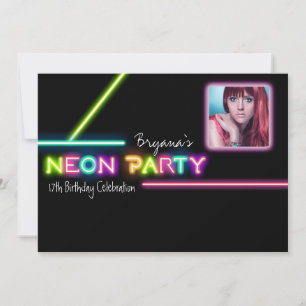 NEON FEEST Gloeiende Foto Verjaardagsfeest Uitnodi Kaart