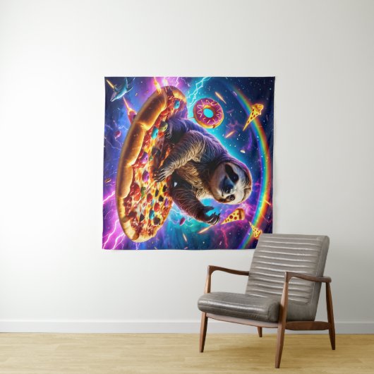 Neon Fire-Breathing Luiaard in Cosmic Pizza Galaxy Wandkleed (In Situ (horizontaal))