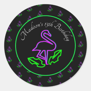 Neon Flamingo Glow Feest Tropisch Roze Favor Ronde Sticker