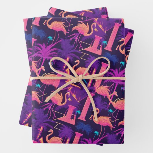 Neon Flamingo Palm Trees vaporwave esthetisch Inpakpapier Vel (In situ)