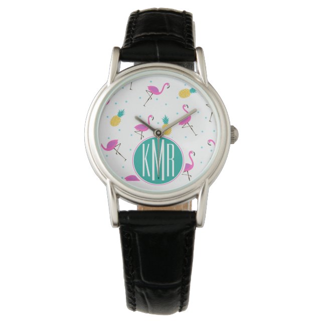 Neon Flamingos | Monogram Horloge (Voorkant)
