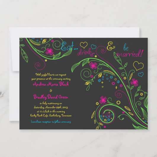 Neon Floral Chalkboard Doodle Wedding Uitnodiging (Voorkant)