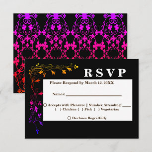 Neon Floral-lijnen op zwarte achtergrond RSVP-menu Kaart