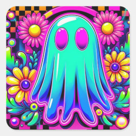 Neon Floral Retro Ghost Halloween Vierkante Sticker
