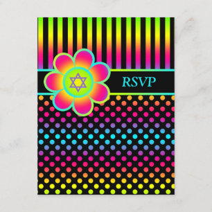 Neon Floral Stripes, Polka Dots Bat Mitzvah RSVP Kaart