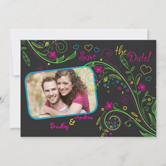 Neon Floral Wedding Photo Save the Date Kaart (Voorkant)