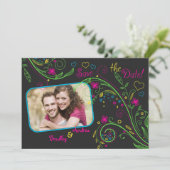 Neon Floral Wedding Photo Save the Date Kaart (Staand voorkant)