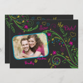 Neon Floral Wedding Photo Save the Date Kaart (Voorkant / Achterkant)