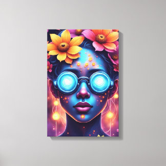 Neon Flower Goddess – Futuristisch fantasieportret Canvas Afdruk