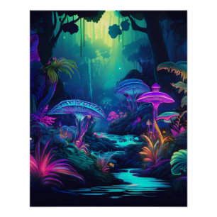 Neon Forest en gloeiende paddenstoelen Fantasy Art Perfect Poster