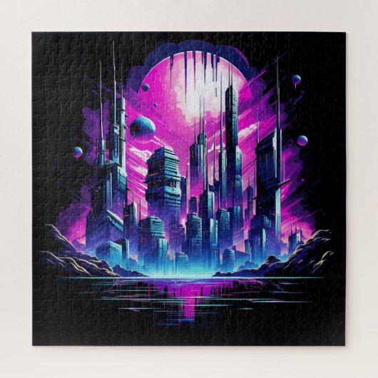 Neon Futuristische CyberScape Skyline Legpuzzel (Verticaal)