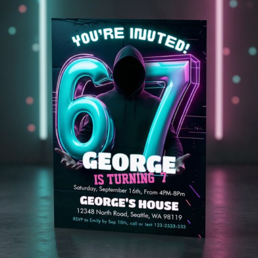 Neon Gamer 7th Birthday Invitation