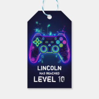 Neon Gamer Arcade Video Game Level op zaterdag Cadeaulabel