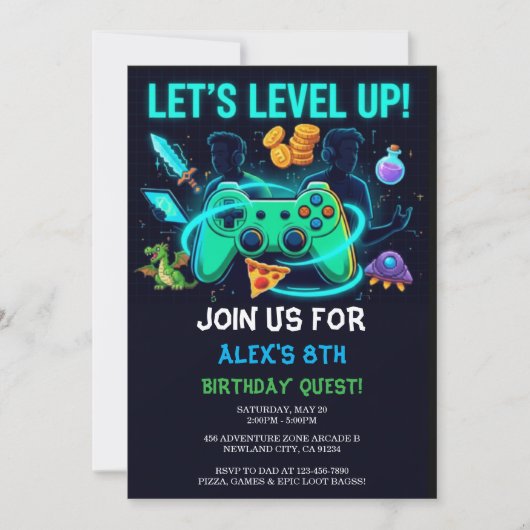 Neon Gamer Birthday Invitation Editable Template (Devant)