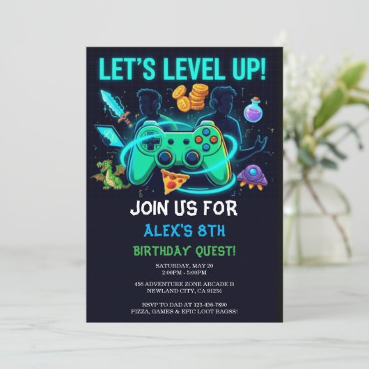Neon Gamer Birthday Invitation Editable Template (Debout devant)