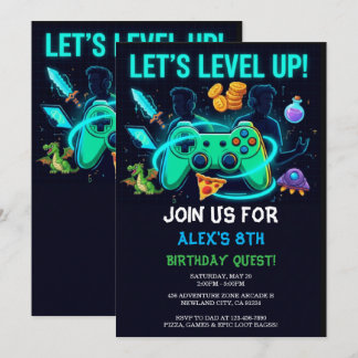 Neon Gamer Birthday Invitation Editable Template Kaart