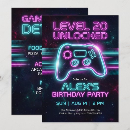 Neon Gamer Birthday Invitation Game for Teen Boy (Devant / Derrière)