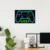 Neon gamer controller neonkleuren poster (Thuiskantoor)