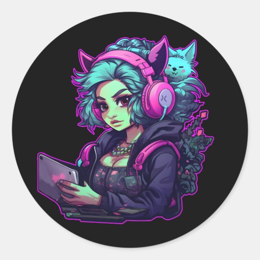 Neon gamer meisje ronde sticker (Voorkant)