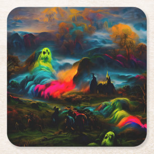 Neon Ghosts in een spookachtig fantasylandschap Vierkante Kartonnen Onderzetter