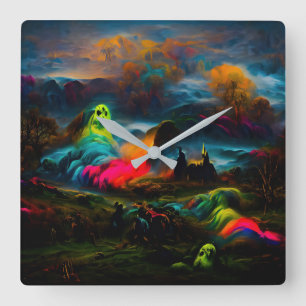 Neon Ghosts in een spookachtig fantasylandschap Vierkante Klok