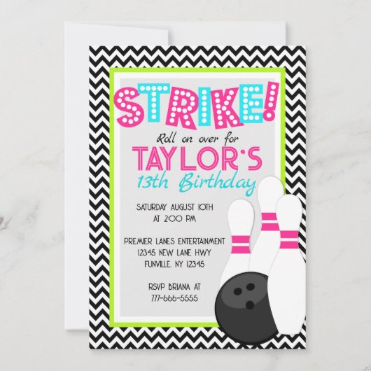 Neon Girl Chevron Bowling Invitations d'anniversai (Devant)