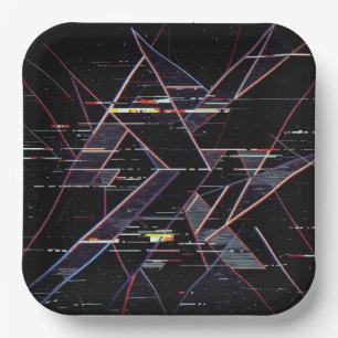 Neon Glitchcore Geometrische Vormen op Zwart Papieren Bordje