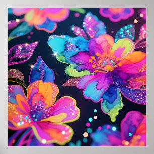 Neon Glitter Bloemmotief Poster