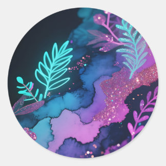 Neon Glitter Botanical Abstract Ronde Sticker