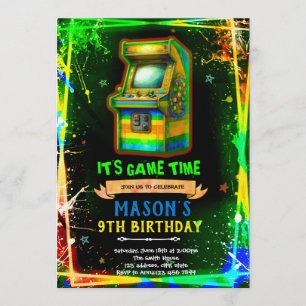 Neon gloed arcade verjaardagsuitnodiging kaart