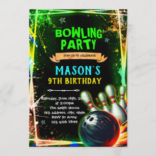 Neon gloed bowling jongen thema uitnodiging